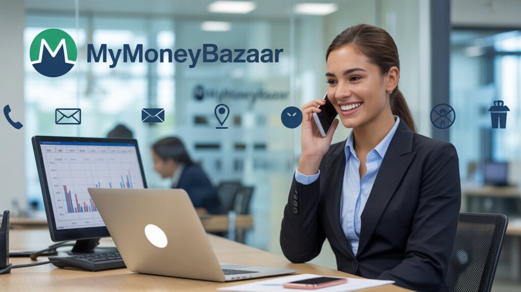 Professional businesswoman at desk with laptop and phone, in a modern office with MyMoneyBaazaar branding on glass wall, symbolizing contact, communication, and business support.